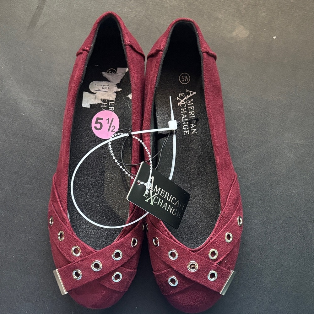American Exchange Burgundy Flats with Metallic Details